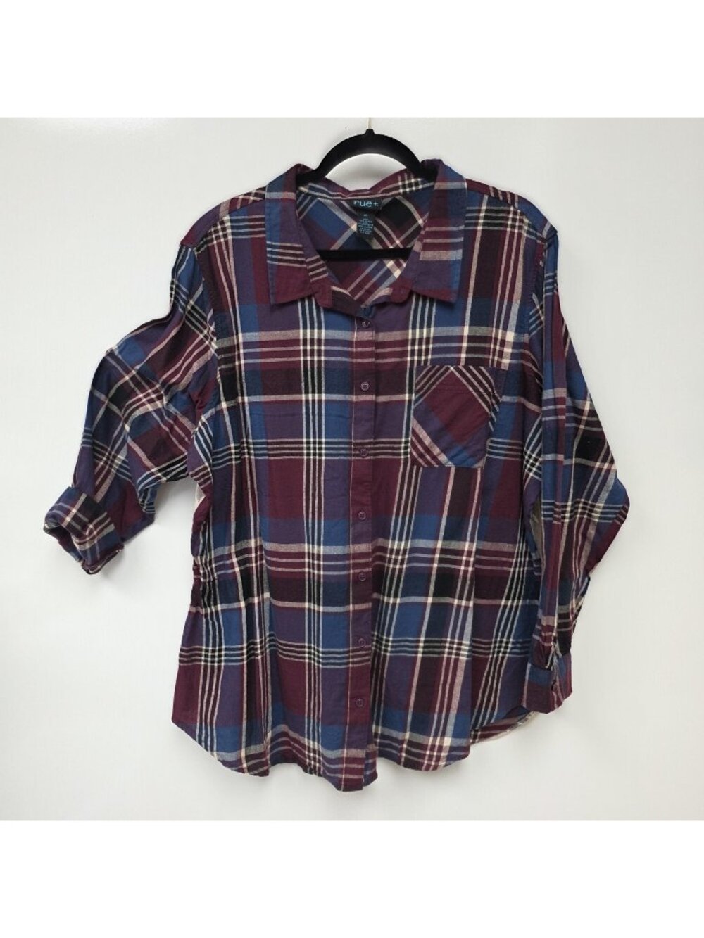 Rue+ Shirt Womens 2X Multicolor Plaid Sheer Lace Back Button Front Tunic Top